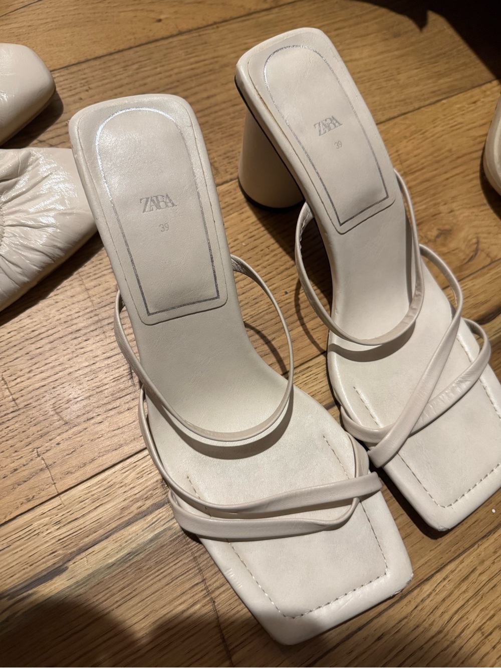 Zara Cream Square-Toe Strappy Block-Heel Sandals